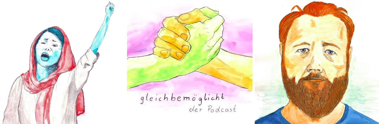 Banner mit verschiedenen Aquarellzeichnungen und dem Logo vom Podcast, 2 bunte Hände, die einschlagen, in der Mitte Banner gleichbemöglicht