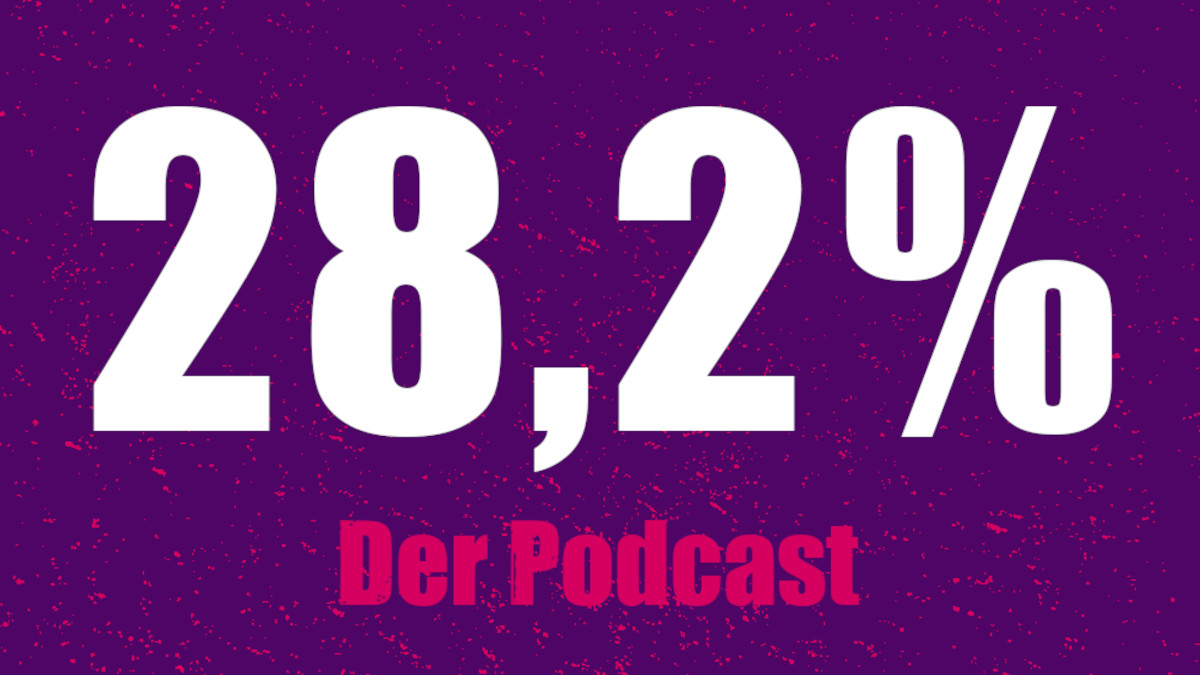 In weißer Schrift auf lila Grund mit pinken Sprenkeln: 28,2 %, darunter in pink: Der Podcast Logo 28Komma2Prozent 16zu9